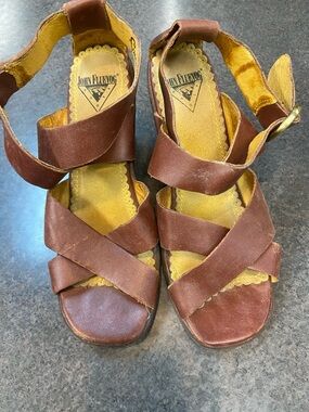 John Fluevog Brown Leather Crisscross Ankle-Strap Sandals